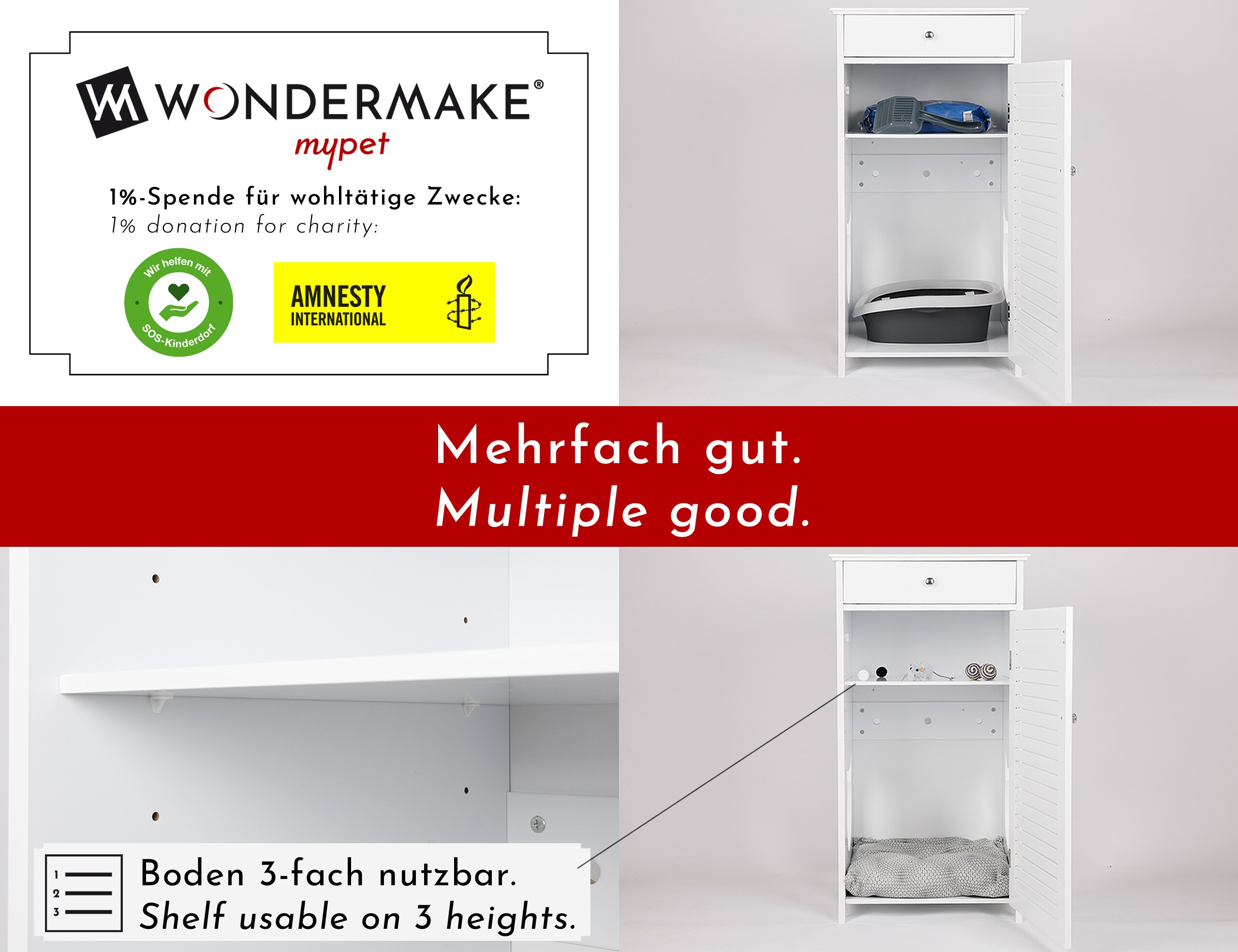WONDERMAKE® Katzenschrank für Katzentoilette groß hoch aus Holz, Katzenklo-Schrank Kommode mit Schublade und Tür geschlossen, Design Katzen-Haus Toilette Klo XL, 51 x 46 x 96 cm, weiß