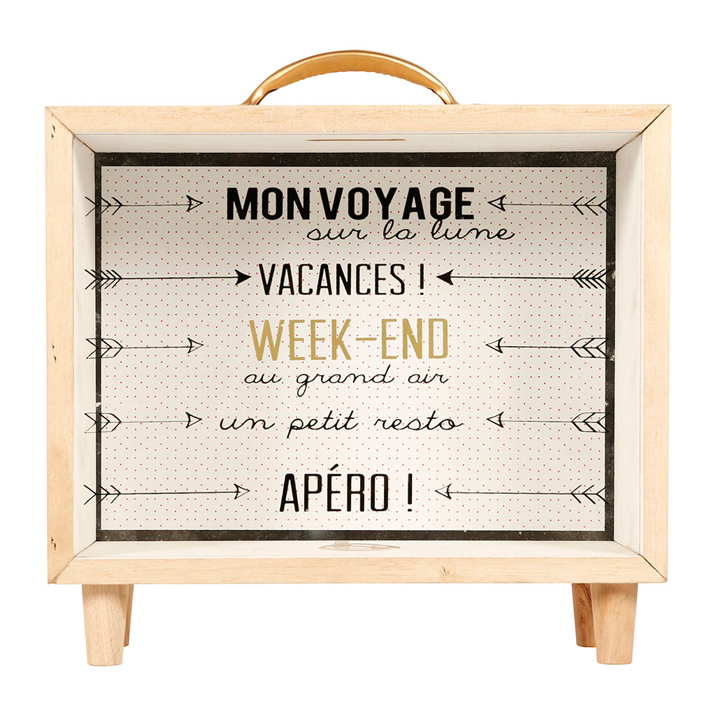 Tirelire déco bois inscription voyage 21x21cm