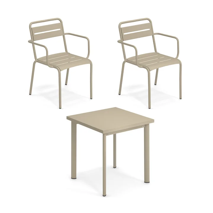 Emu - Star Outdoor Tisch 70 x 70 cm   Armlehnstuhl (2er-Set), taupe