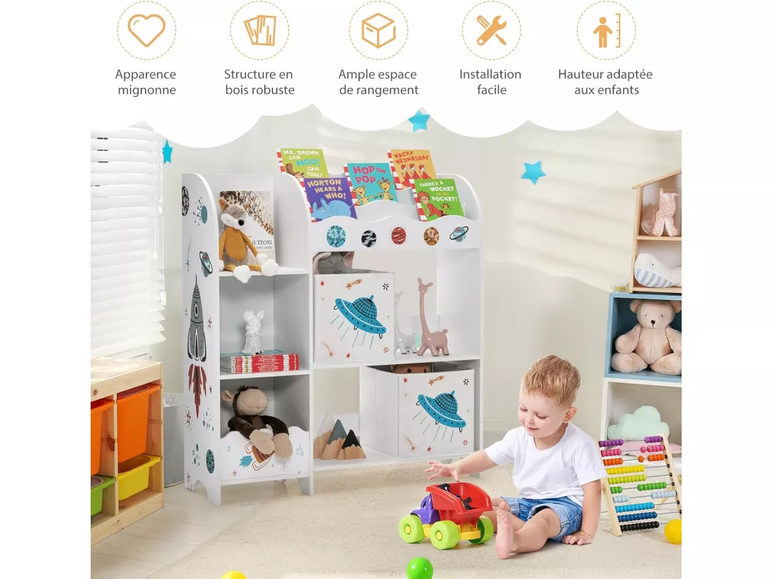 Meuble de rangement jouet enfants avec motif fusée & 5 compartiments,93x30x102cm