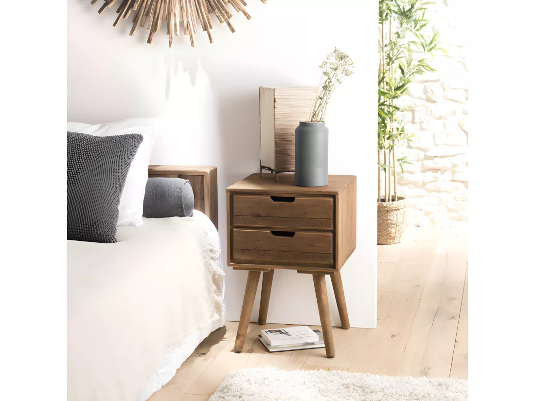 ANDREW - Chevet scandi bois marron 2 tiroirs Sapin