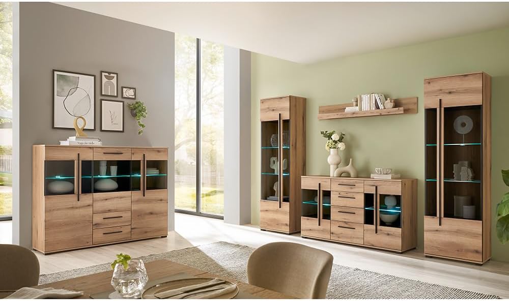 Lomadox Wohnwand Wohnzimmer-Set 5-teilig mit 2 Vitrinen, Sideboard & Highboard in Eiche inkl. LED Beleuchtung