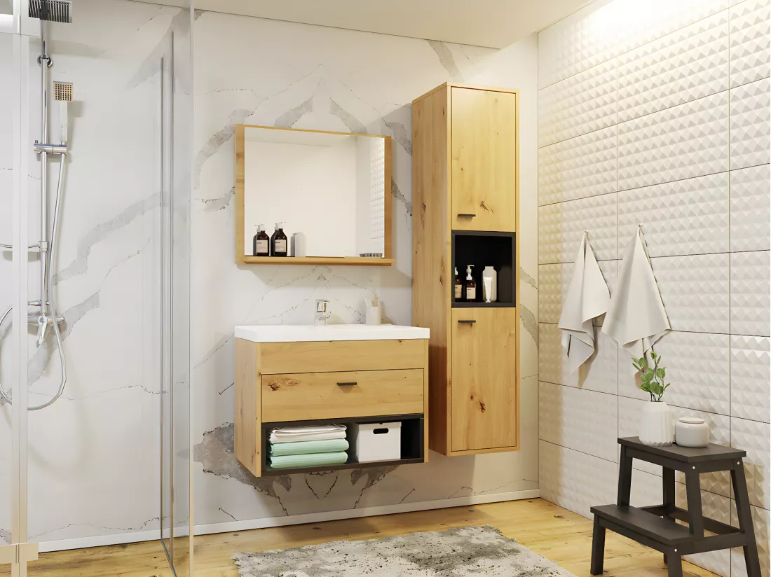 Armoire de toilette murale Baltesi 117, Chêne Artisan|Noir, À suspendre, 133x30x30cm
