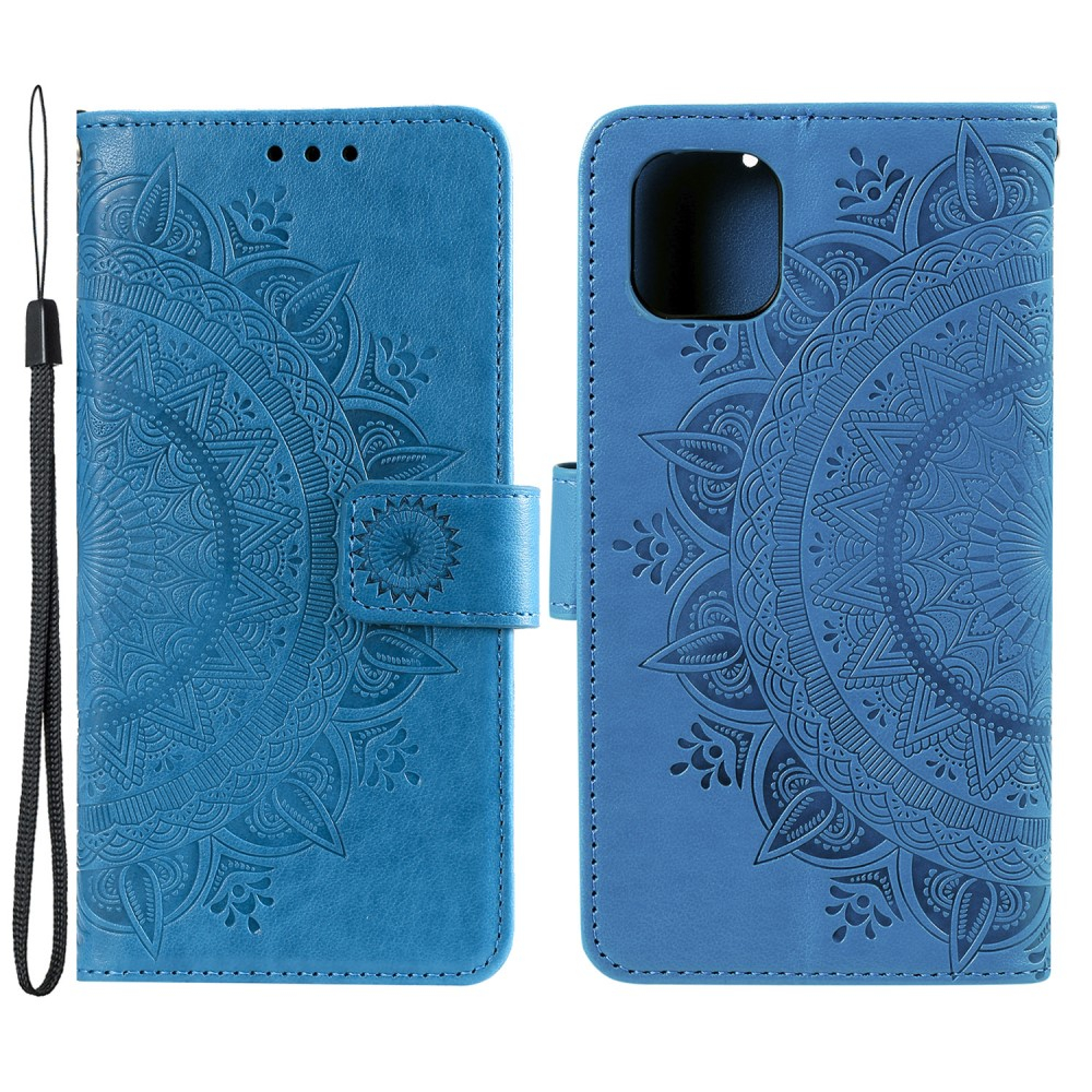 iPhone 13 Pro Leder Tasche Wallet - Mandala Flowers Imprint - Blau