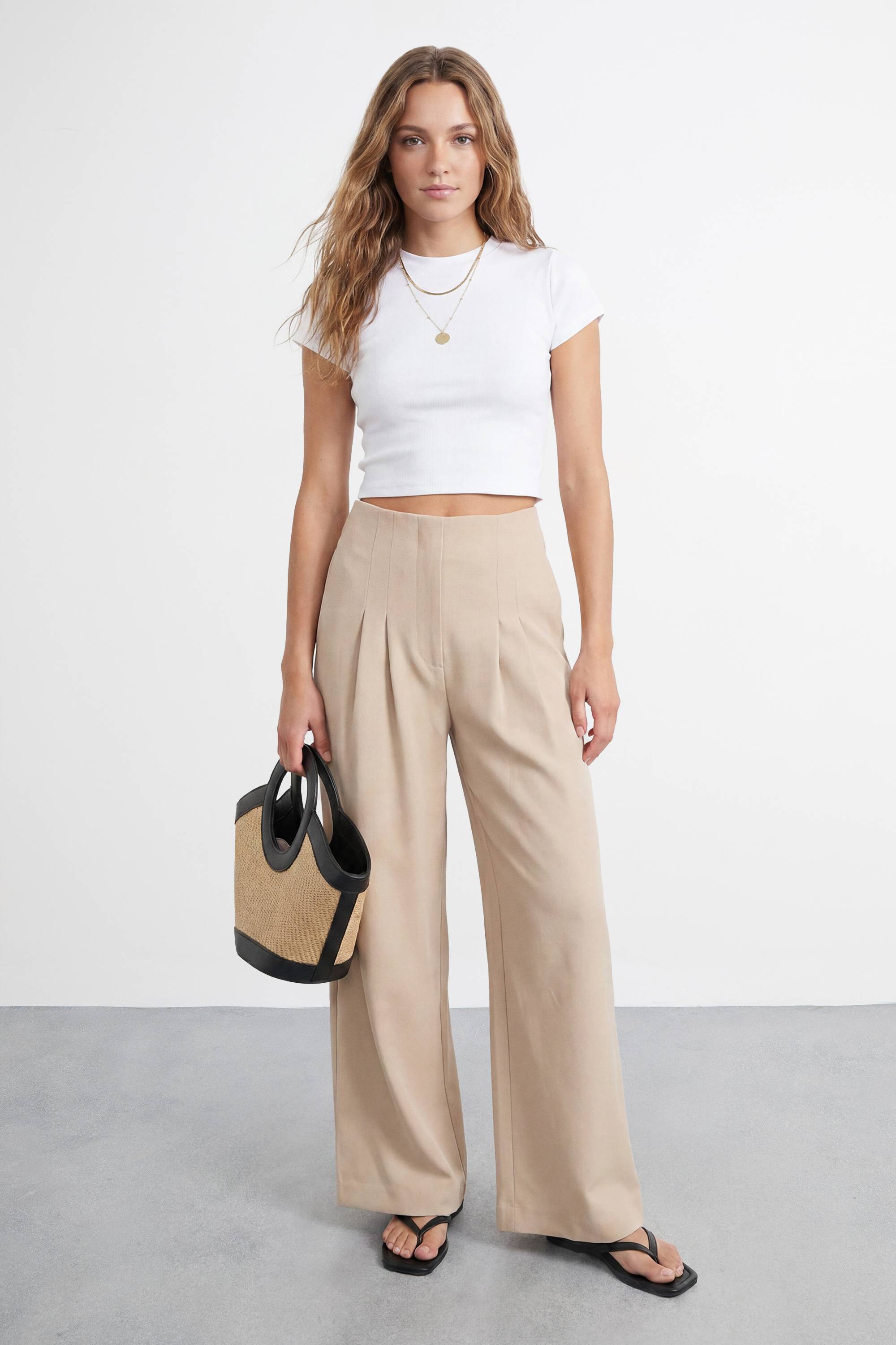Warehouse Pantalon Tailleur Plissé Taille Très Haute Coupe Large