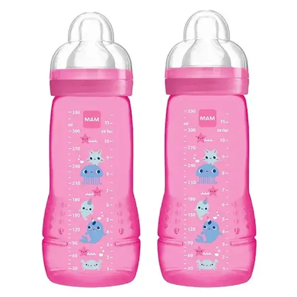 Mamadeira MAM Easy Active X Flow +6m Rosa com Estampa de Animais Marinhos, Pacote com 2 x 330ml