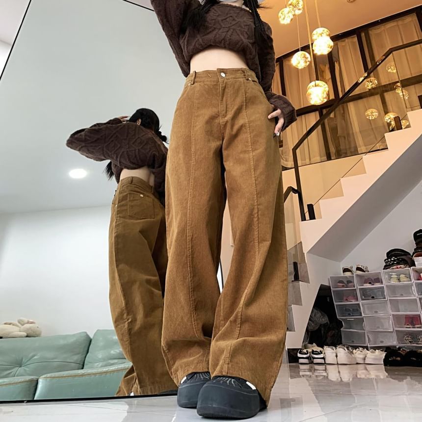 Chisan - Corduroy broek met hoge taille en wijde pijpen