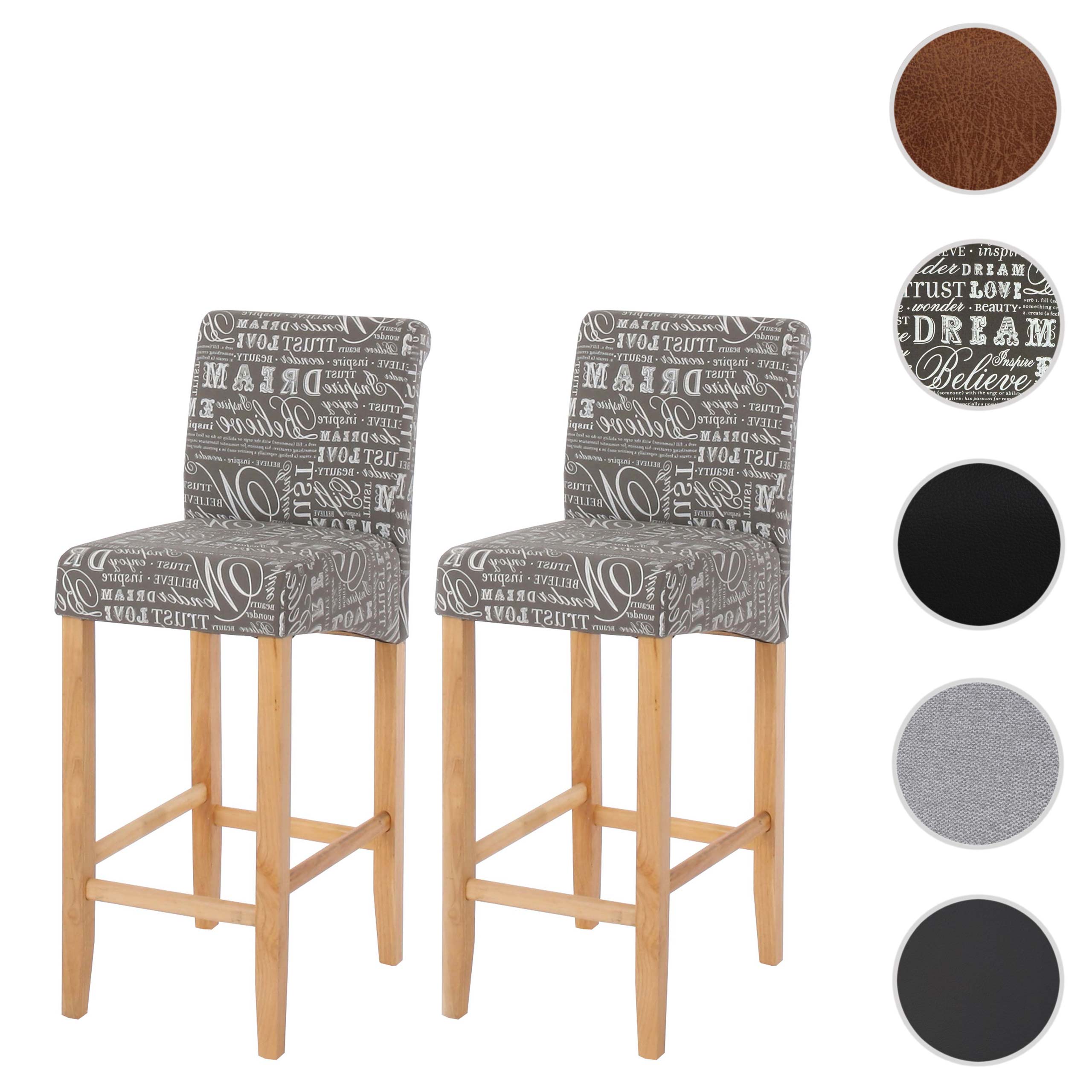 2er-Set Barhocker MCW-C33, Barstuhl Tresenhocker ~ Schriftzug, grau, helle Beine, Textil