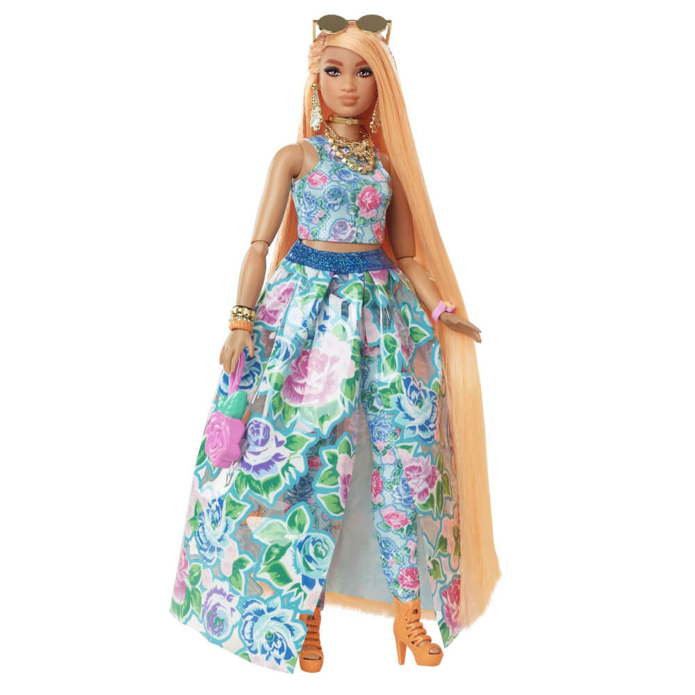 Mattel HHN14 Barbie Extra Fancy Puppe im blauen Kleid mit Blumenmuster