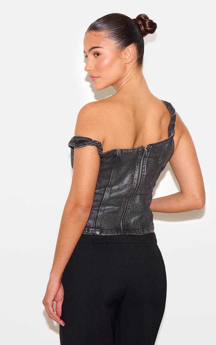 Noir Top En Denim À Effet Métallisé Argenté Et Une Épaule Dénudée