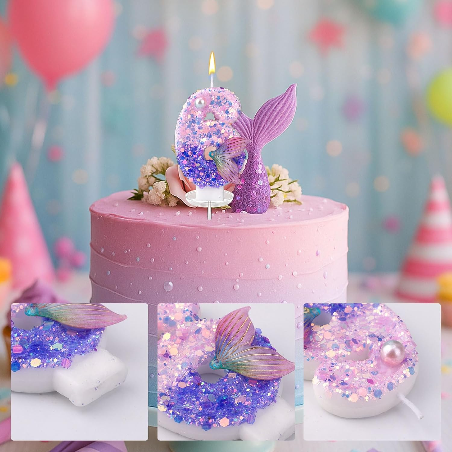 Zahlen Geburtstags Kerze Meerjungfrau Kuchenstecker Happy Birthday Deko für Torten / Kuchen - Zahl 6 / Lila
