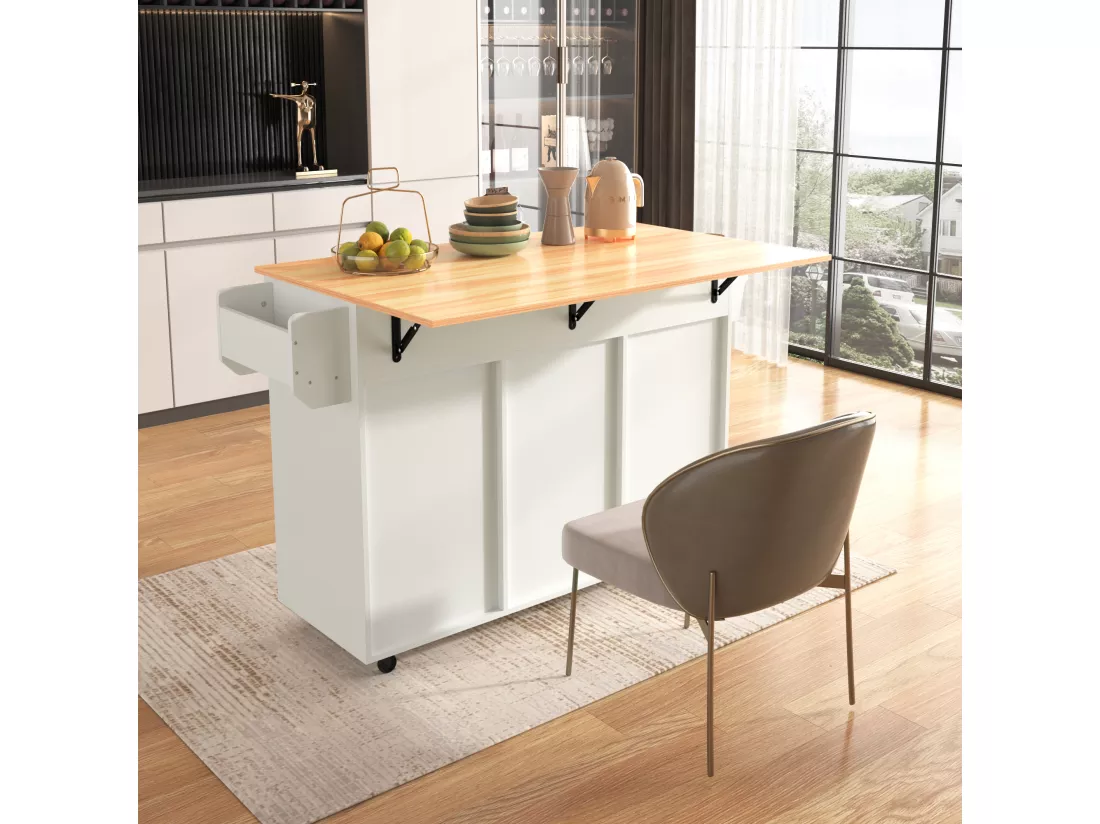 Ilot central de cuisine mobile avec 2 portes et 3 tiroirs - plateau extensible - 129x46/71x91,5 cm - Bois MDF + métal - Blanc + naturel