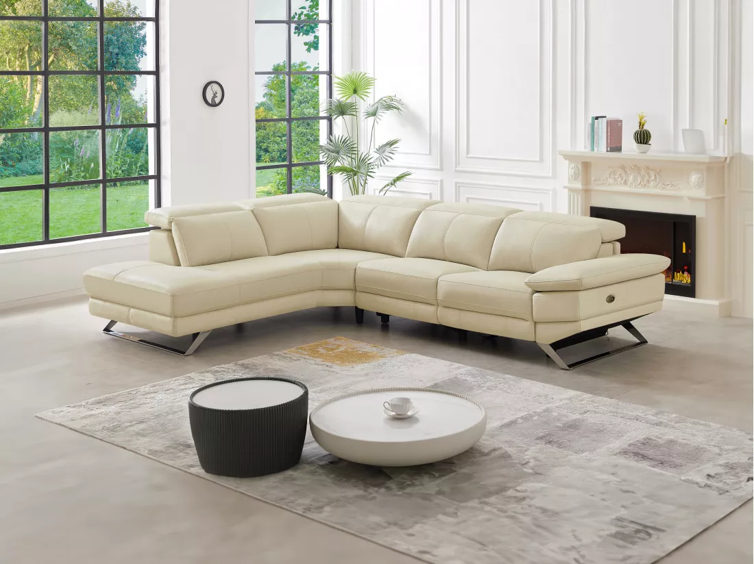 Canapé d'angle droit relax électrique en cuir de vachette beige PUNO II