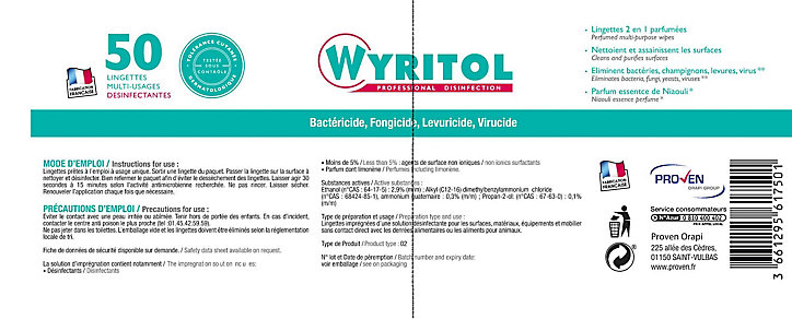 Lingettes désinfectantes multi-usages x50 Wyritol