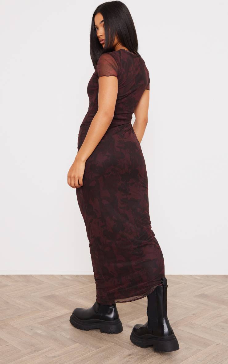 Rouge Bordeaux Robe Longue À Manches Courtes En Mesh À Imprimé Floral