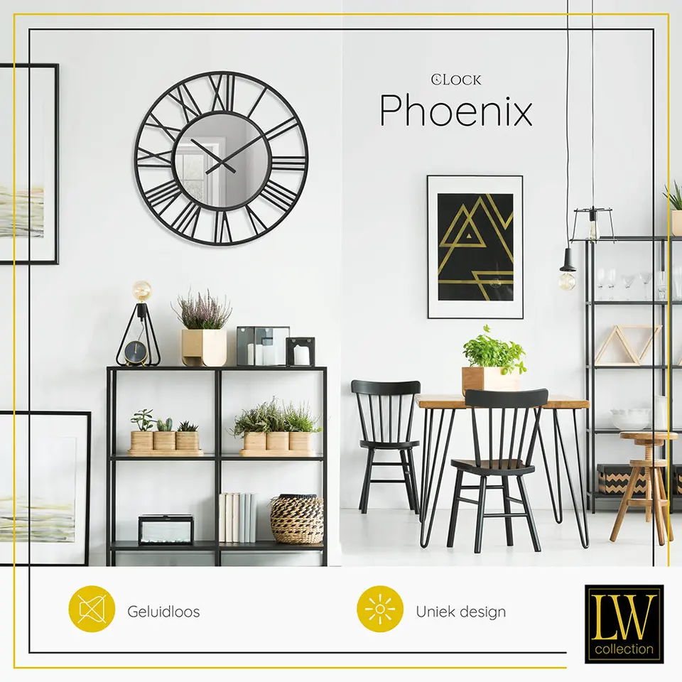 LW Collection Wandklok Phoenix zwart 60cm