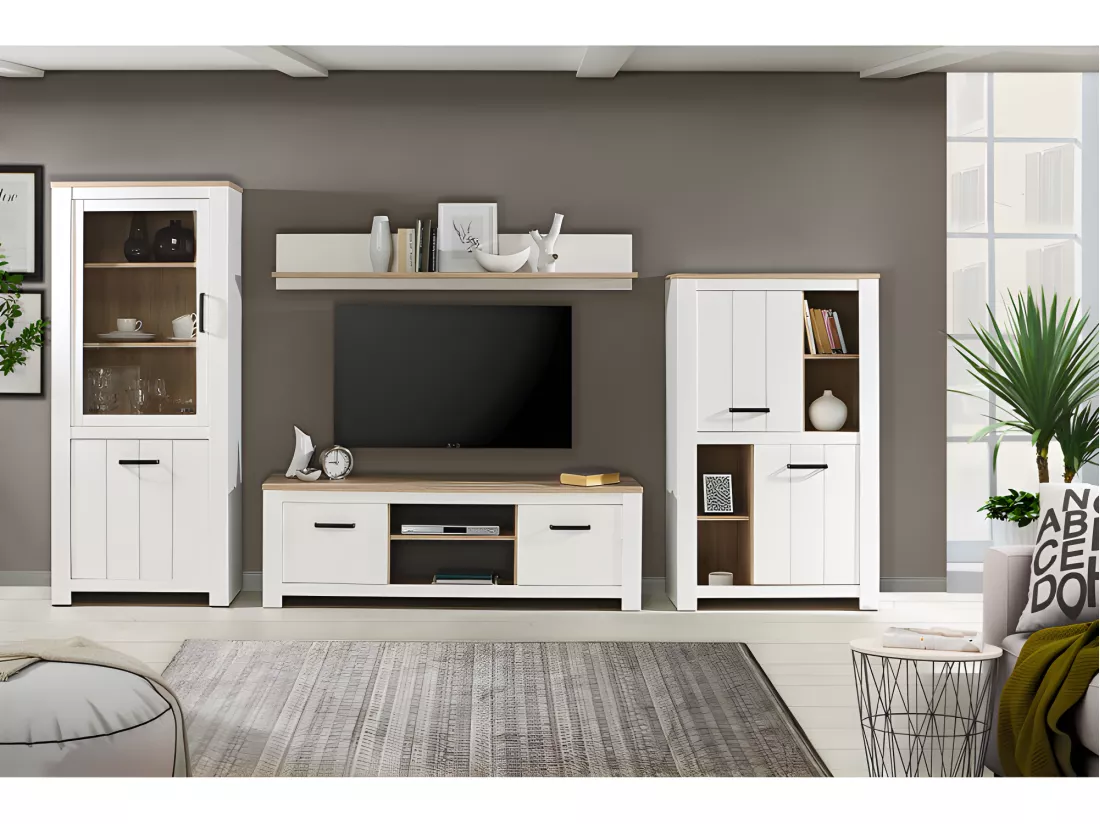 Vaisselier 2 portes 4 niches blanc mat décor bois poignées noir - LEANE