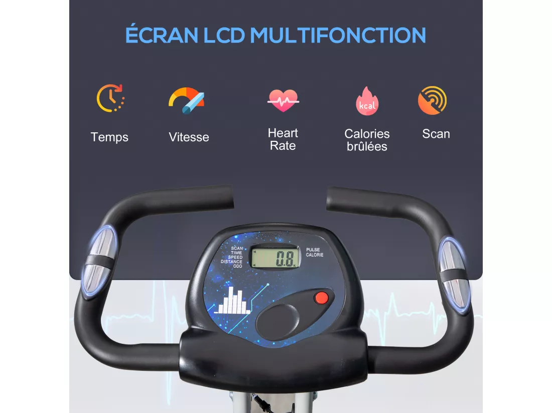 Vélo d'appartement pliable 8 niveaux de résistance magnétique selle réglable dossier écran LCD multifonction capteur fréquence cardiaque gris