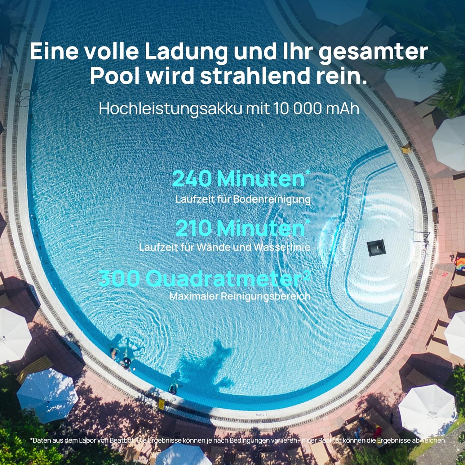 Beatbot AquaSense 2 Poolroboter, Akku Poolsauger mit Oberflächen-Parkfunktion, Poolreiniger Boden und Wand, Doppelte Reinigung der Wasserlinie, für Pools bis zu 300 m²