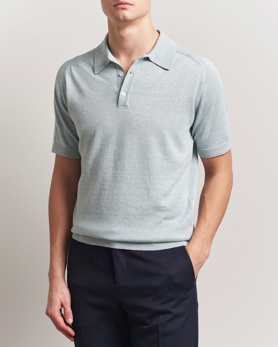 Eton Cotton/Linen Fine Knitted Polo Light Green
