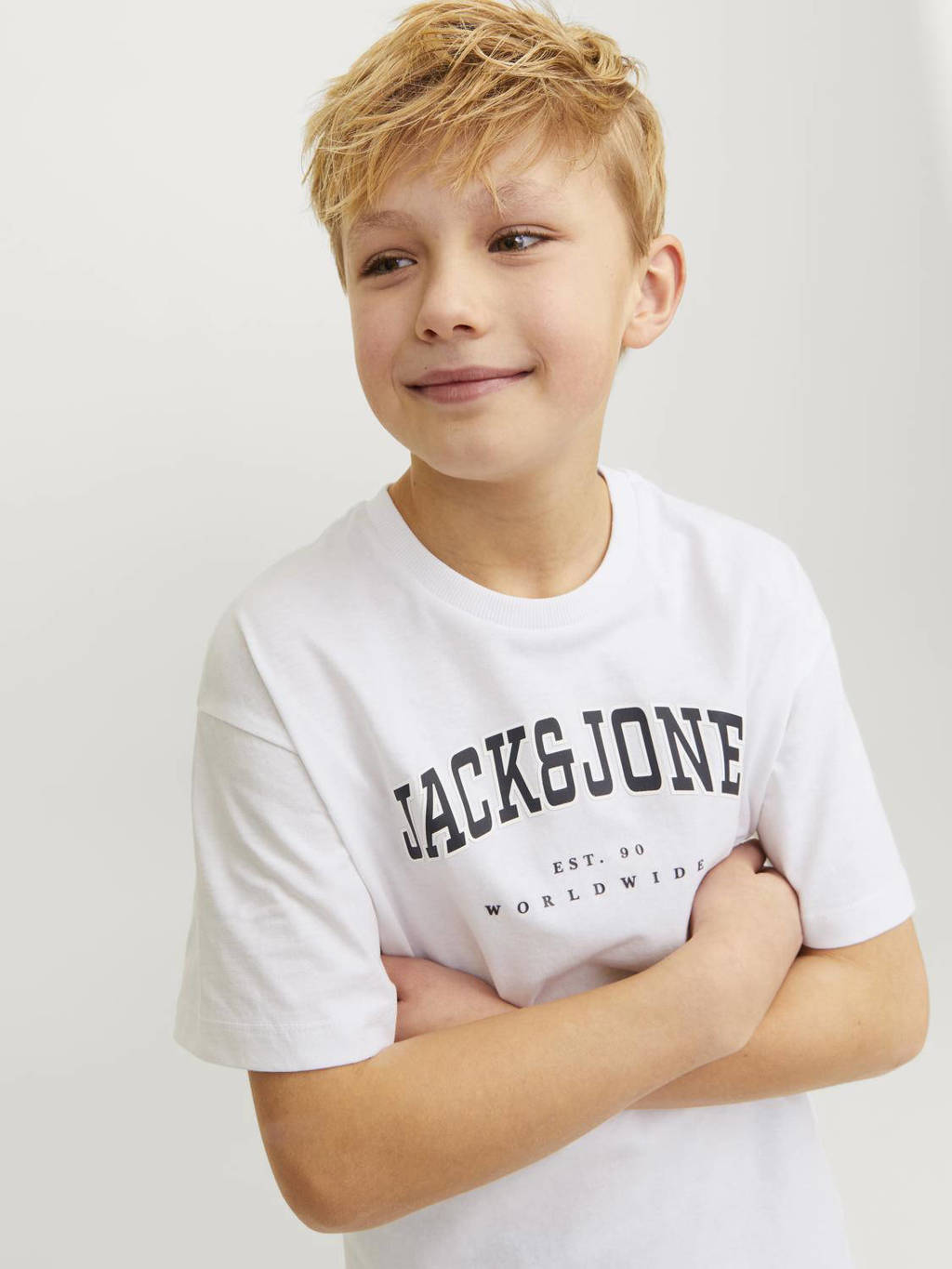 JACK & JONES T-shirt JJECALEB VARSITY met logo wit