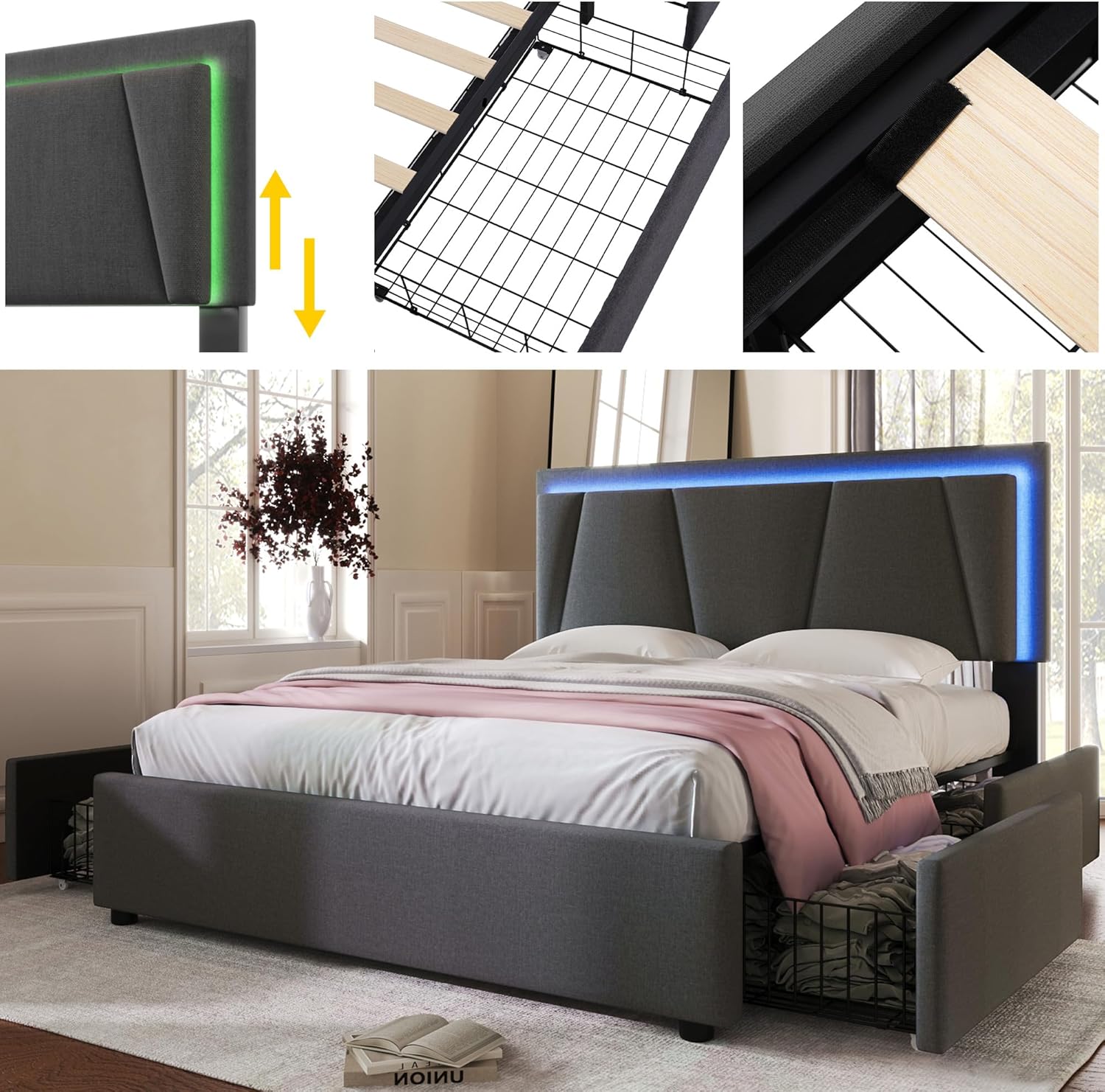 Merax Polsterbett 140x200cm mit LED-Beleuchtung und 4 Schubladen, Doppelbett Bettgestell mit Lattenrost und Höhenverstellbarem Kopfteil, Stauraumbetten, Leinenmaterial, Jugendbett,ohne Matratze,Grau
