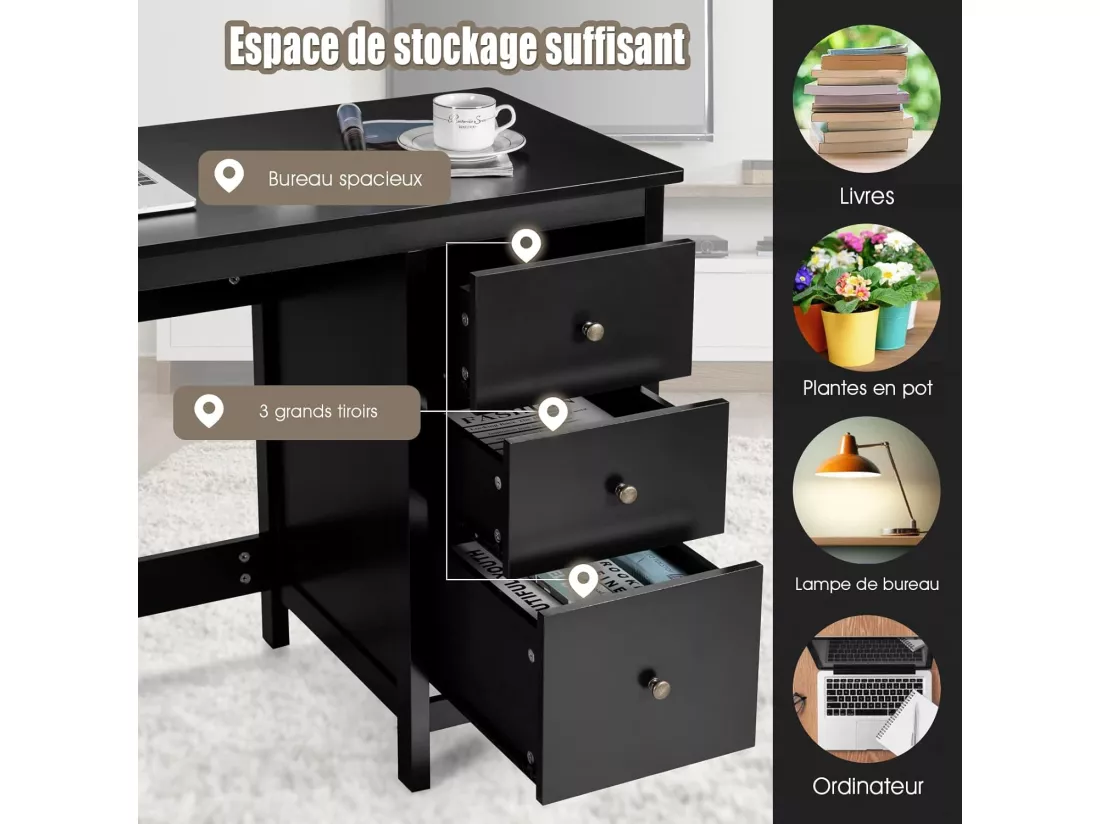 Bureau d'Ordinateur, Table de Bureau avec 3 Tiroirs de Rangement, Bureau d'Écriture, Table d'Étude, Postes de Travail pour Chambre, Bureau, 50 x 120 x 75 cm (Noir)