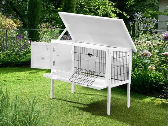Clapier en bois sur pieds pour lapins et rongeurs - L. 91 x P. 45 x H. 70 cm - Blanc - LAPIUS