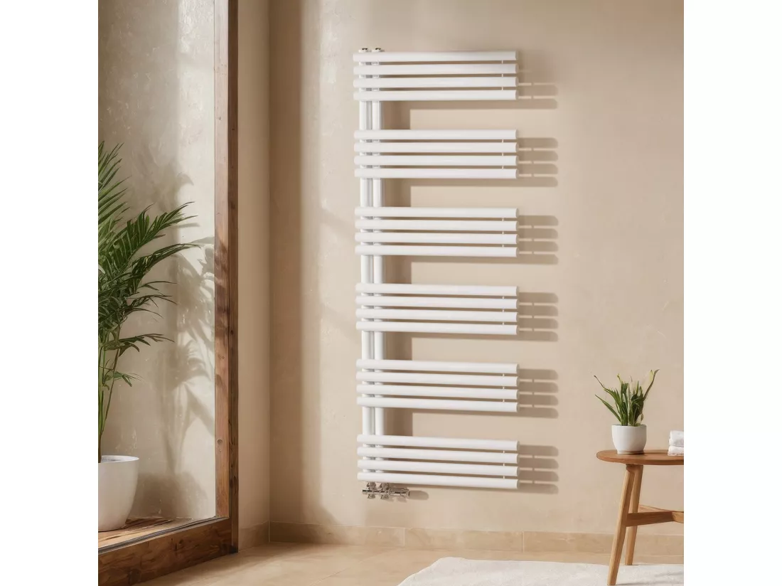 EMKE Sèche Serviettes à Eau Chaude pour Salle de Bain, 1660 x 600 mm, Tuyaux Ronds Porte-Serviettes, Chauffe-Serviettes, Blanc 933W