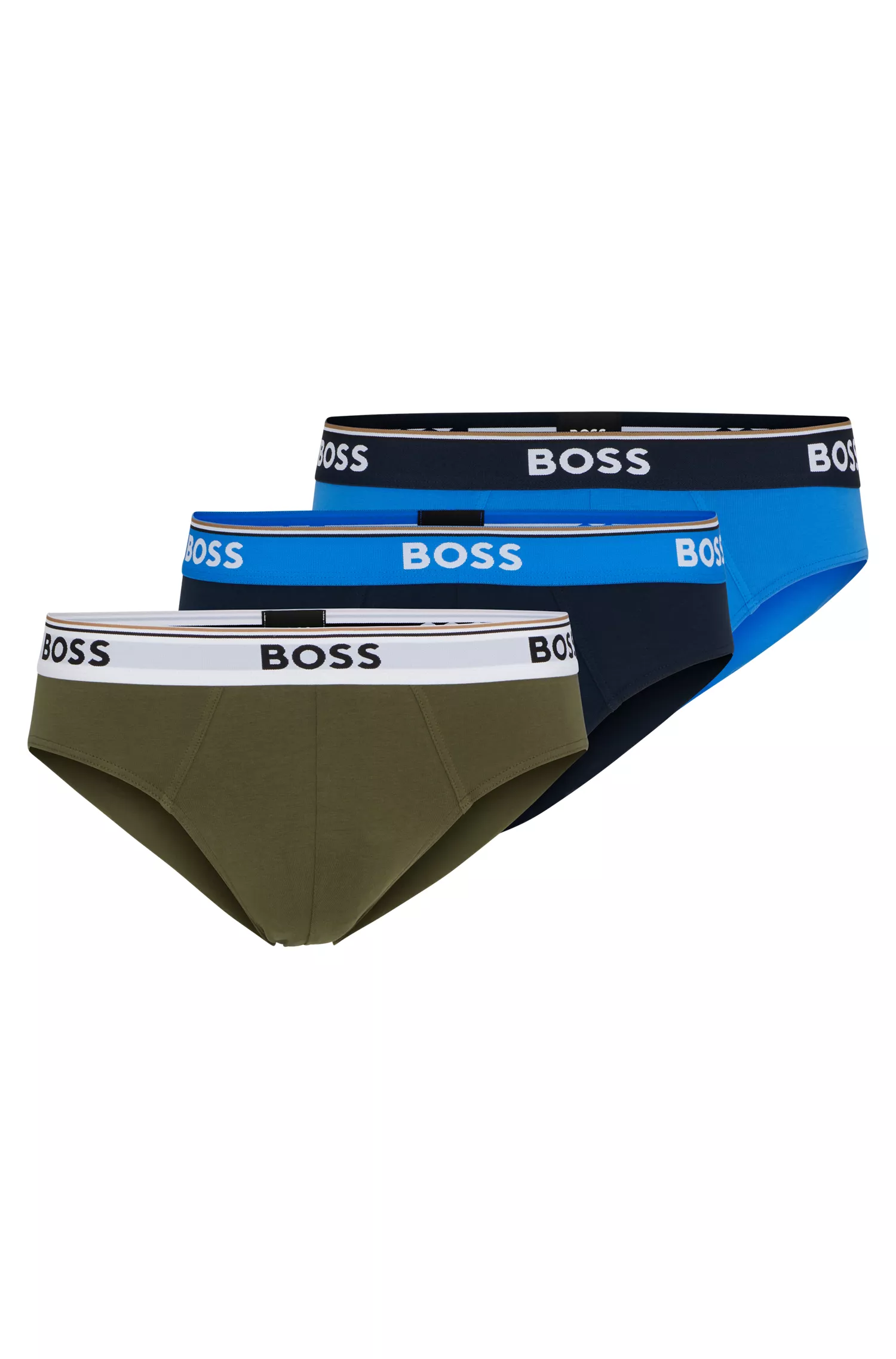 Cuecas BOSS pretas, pacote com três unidades, em algodão elástico com cós com o logotipo da marca.