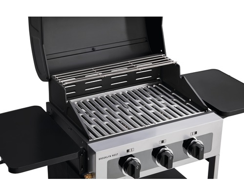 Enders Brooklyn gasbarbecue met 3 branders, 54 x 113 x 106,5 cm, zwart/zilver, inclusief dekselthermometer, grillrooster, warmhoudrek, zijplank en vetopvangbak. Grillrooster van roestvrij staal.