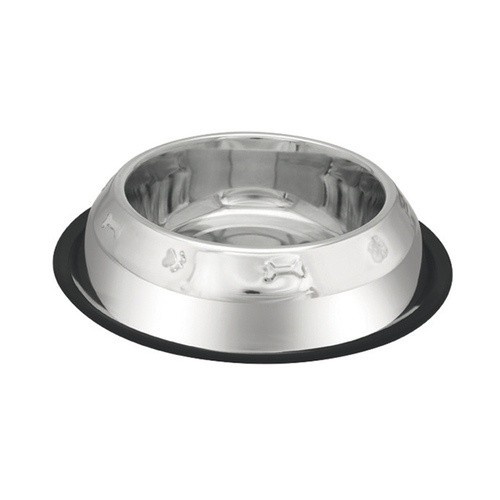 Alimentador para cães antiderrapante em formato de pirâmide, feito de aço inoxidável.