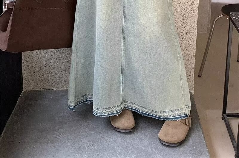 KONGER - Hoge taille gewassen gerafelde maxi A-lijn denim rok