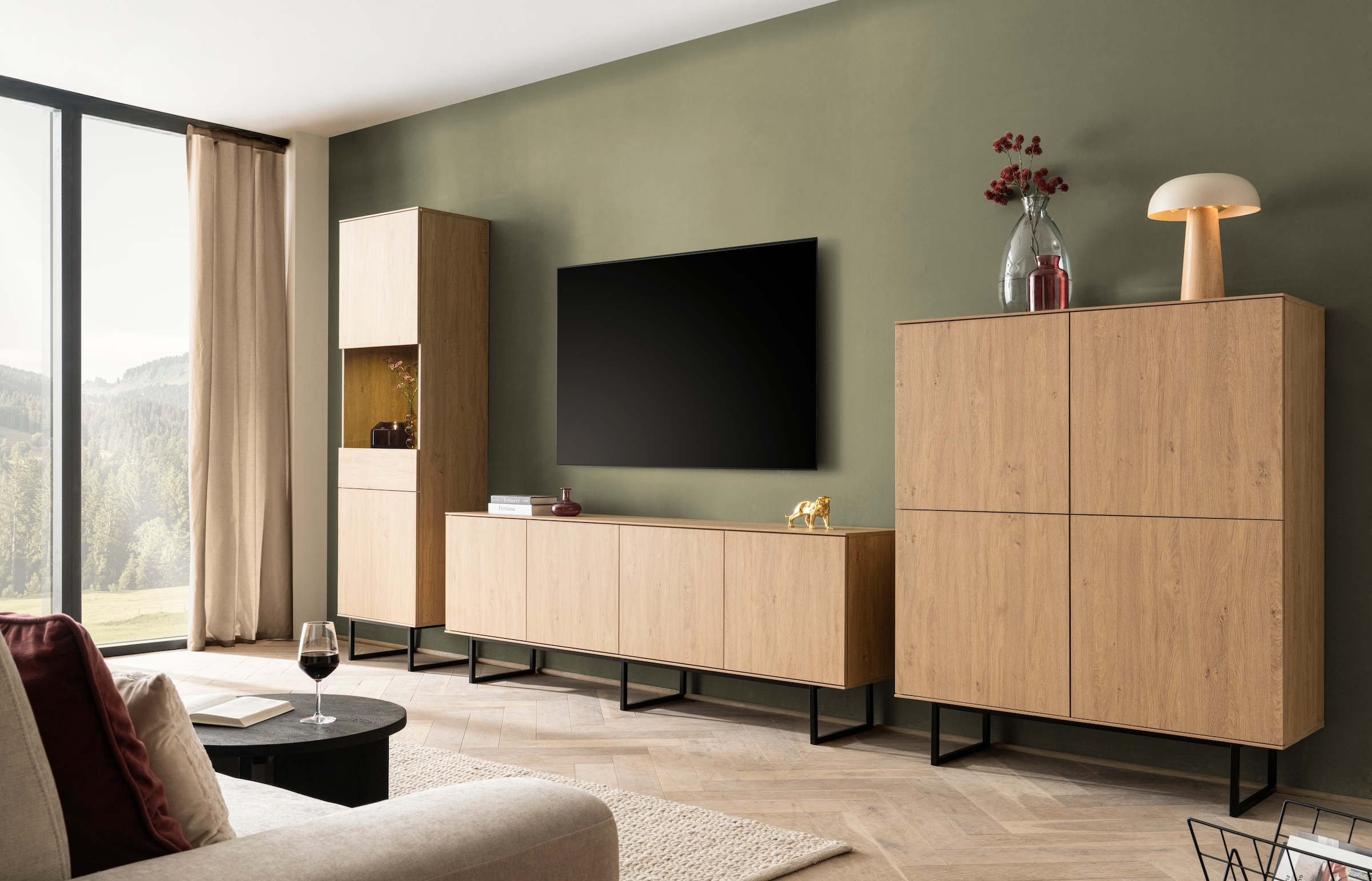 Home affaire Wohnwand »Lund, moderne Anbauwand, Wohnzimmer-Set in Stone Oak« 3 Stk. tlg.