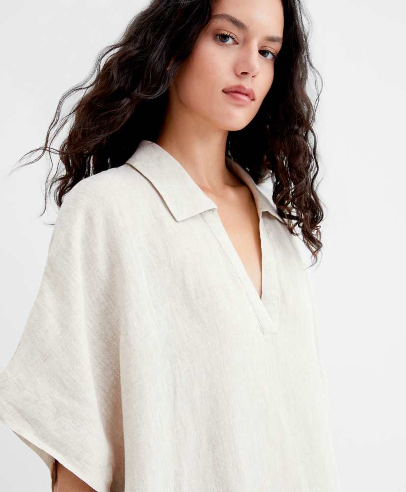 Vestido túnica com gola alta, 100% linho