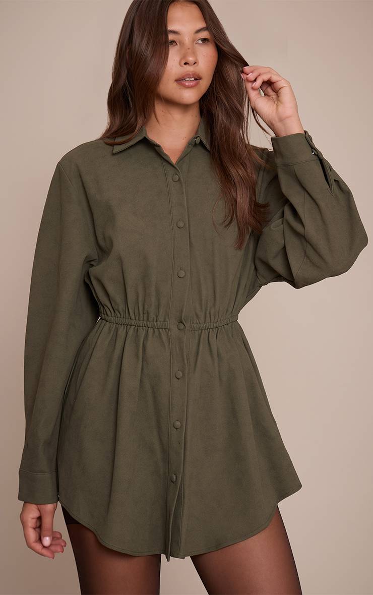 Kaki Robe Courte Cintrée À La Taille En Synthétique Avec Boutonnage