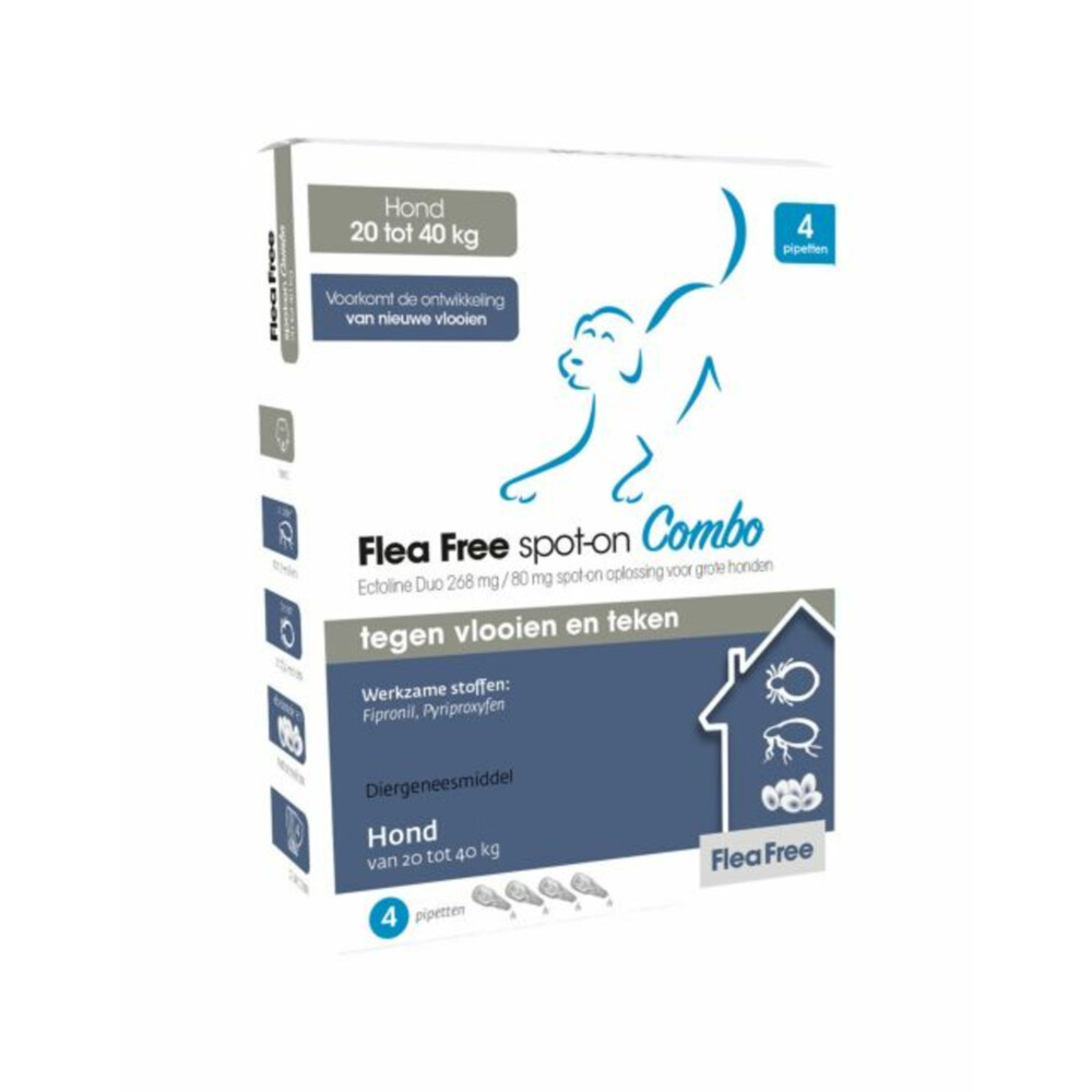 Flea Free Spot-on Combo Anti Vlooien en Teken Druppels Hond 20-40 kg4 pipetten