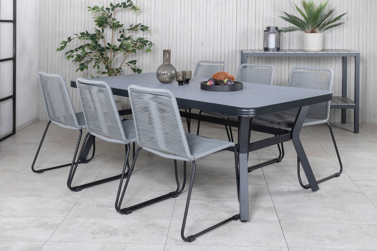 Lindos tuinstoel met armleuningen, stapelbaar, zwart/grijs. Set van 4.