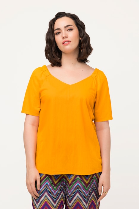 Shirtbluse, Kräuselungen, V-Ausschnitt, Halbarm