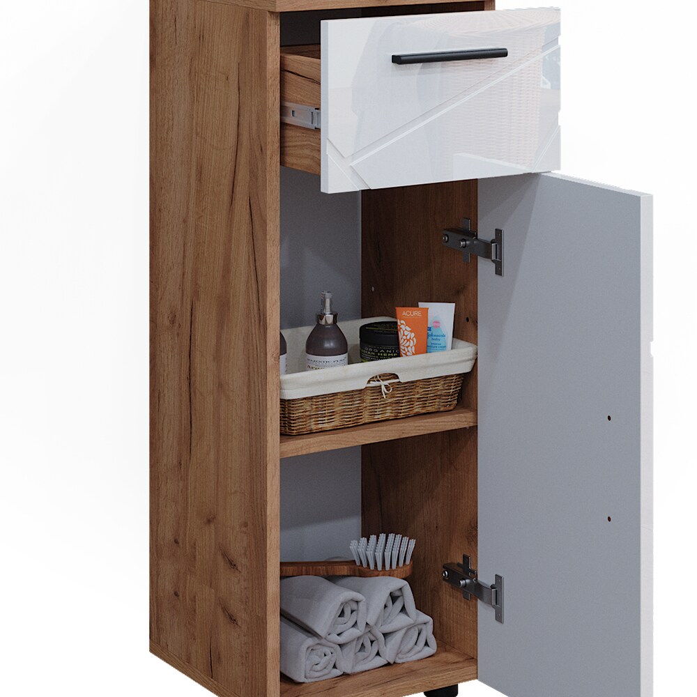 Vicco Midischrank Badschrank Badezimmermöbel Irma Eiche Weiß Hochglanz modern 30x81 cm Badezimmer Schrank Badkommode Badmöbel Schrankschublade Schranktür