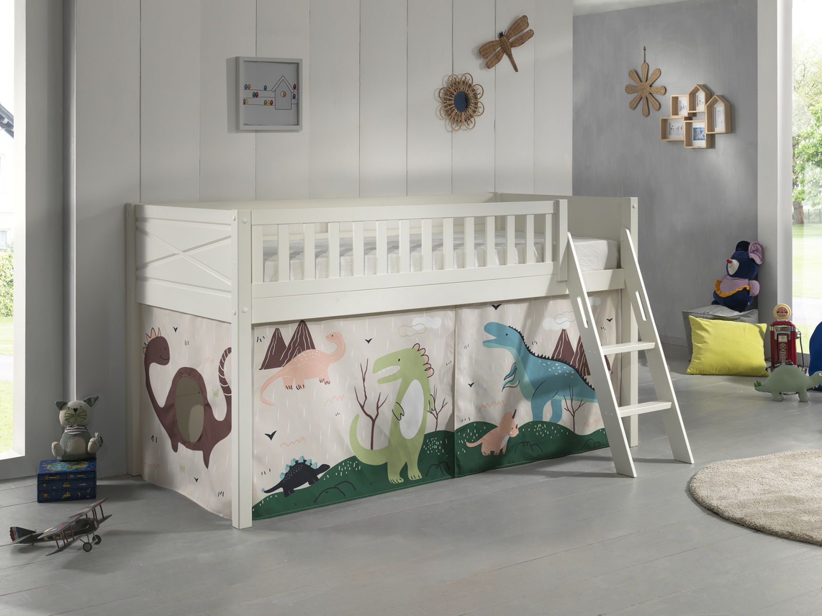 Spielbett SCOTT - weiß - Dino - mit Vorhang und Leiter - 90x200 cm