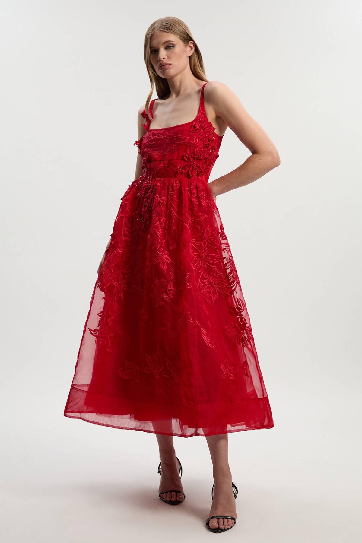 KarenMillen Robe de Bal Longue Archive en Organdi Tissé avec Appliqués Brodés