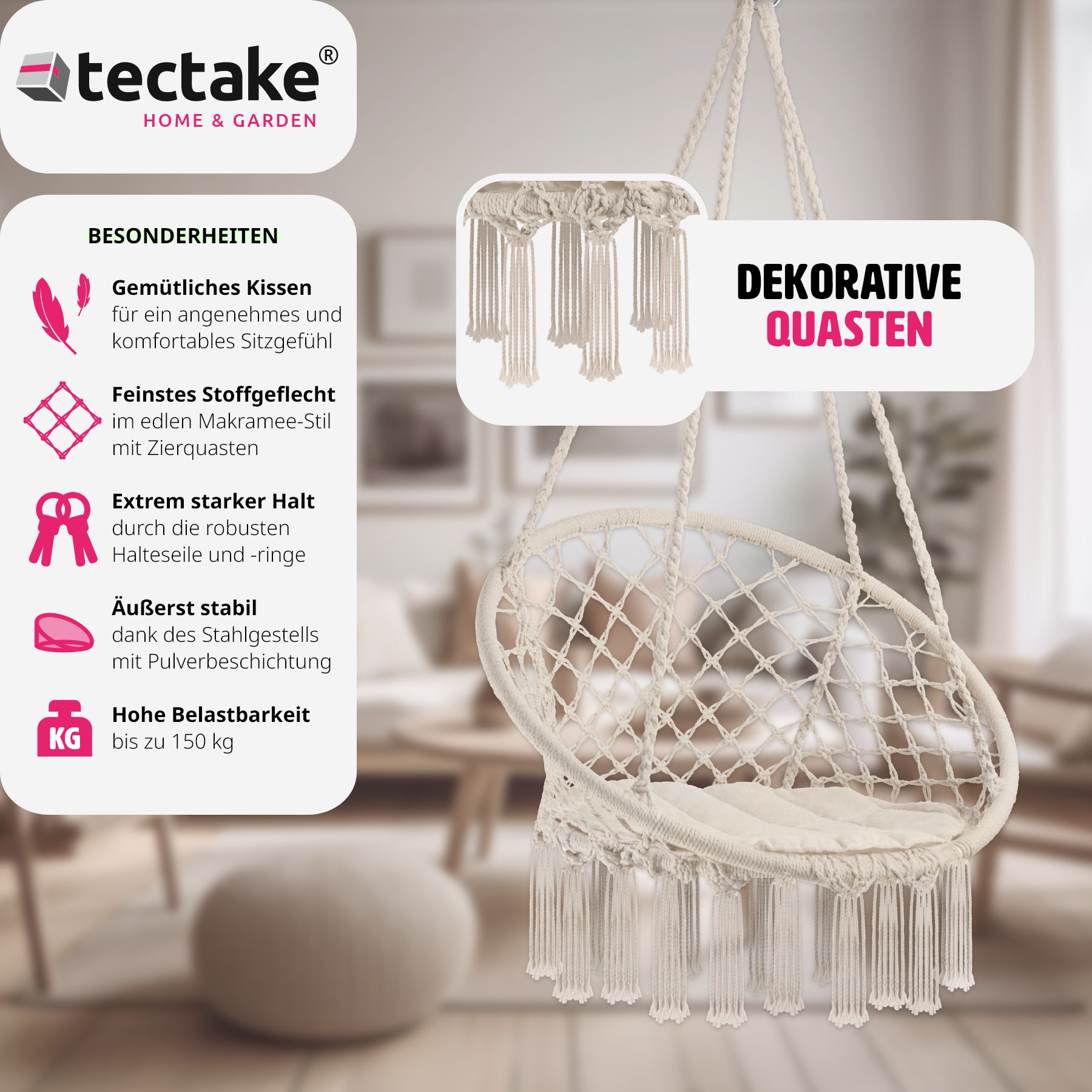 tectake® Hängesessel, mit Sitzpolster, Belastbarkeit 150 kg, 80 x 72 x 125 cm