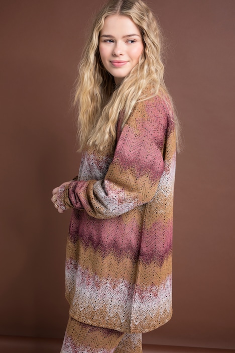 Longsleeve, oversized, Glitter Zackenstreifen, Stehkragen, Seitenschlitze