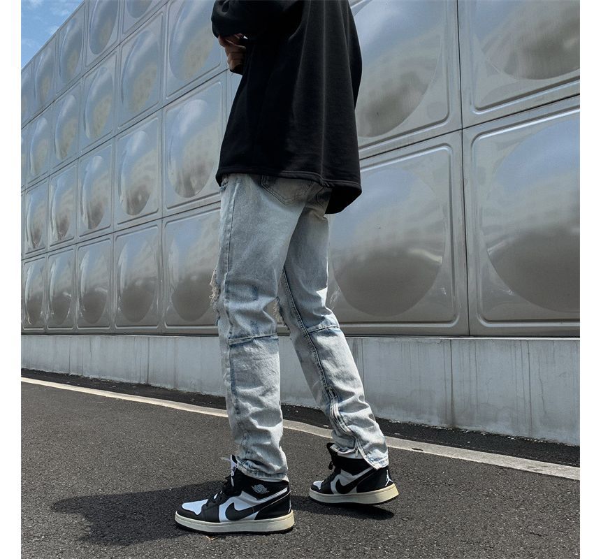 Acrius - Mid Rise Washed Distressed Straight Leg Jeans