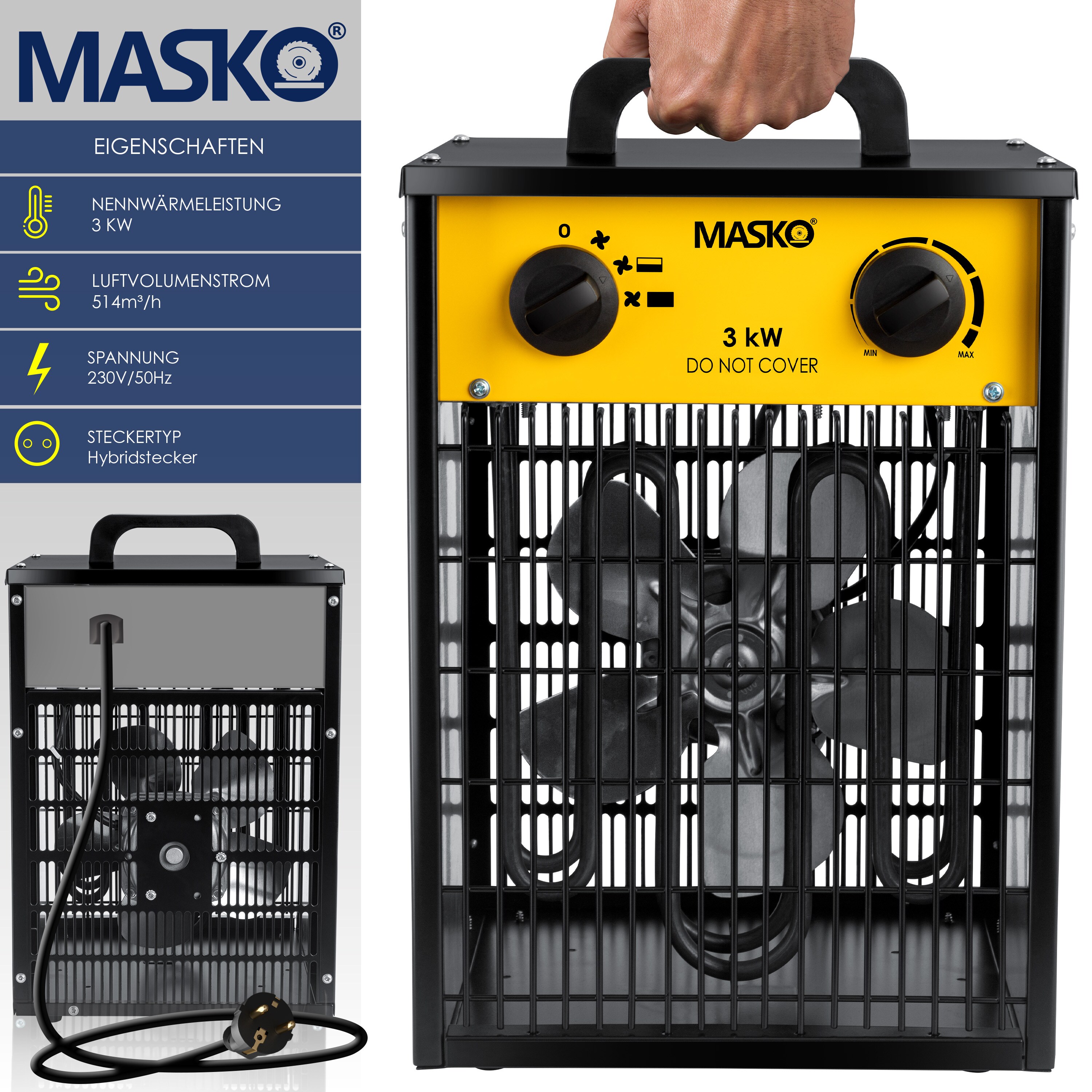 MASKO® Elektroheizer Heizlüfter Bauheizer mit integriertem Thermostat elektrisch Heizgerät mit 3 Heizstufen Heizgebläse für Innen- und Außeneinsatz Überlastschutz Elektroheizgebläse