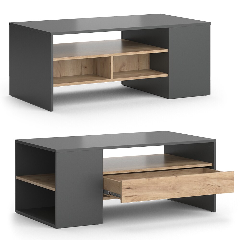 Vicco Couchtisch Sofatisch Kaffeetisch Fabien Eiche Anthrazit Wohnzimmer Tisch 110x45 cm modern Ablage Fach Schublade Beistelltisch Stubentisch