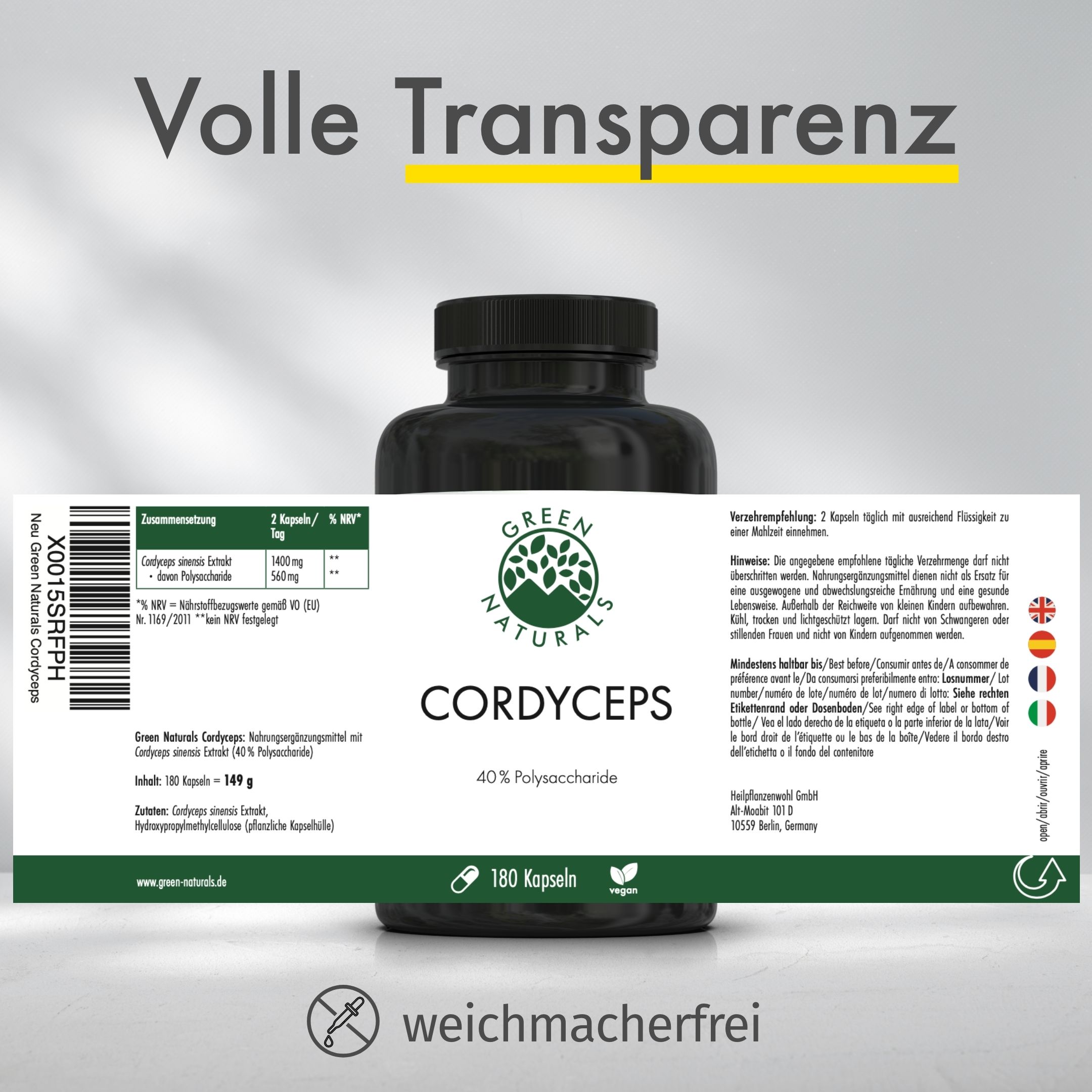 GREEN NATURALS Cordyceps mg sinensis hochdosiert vegan