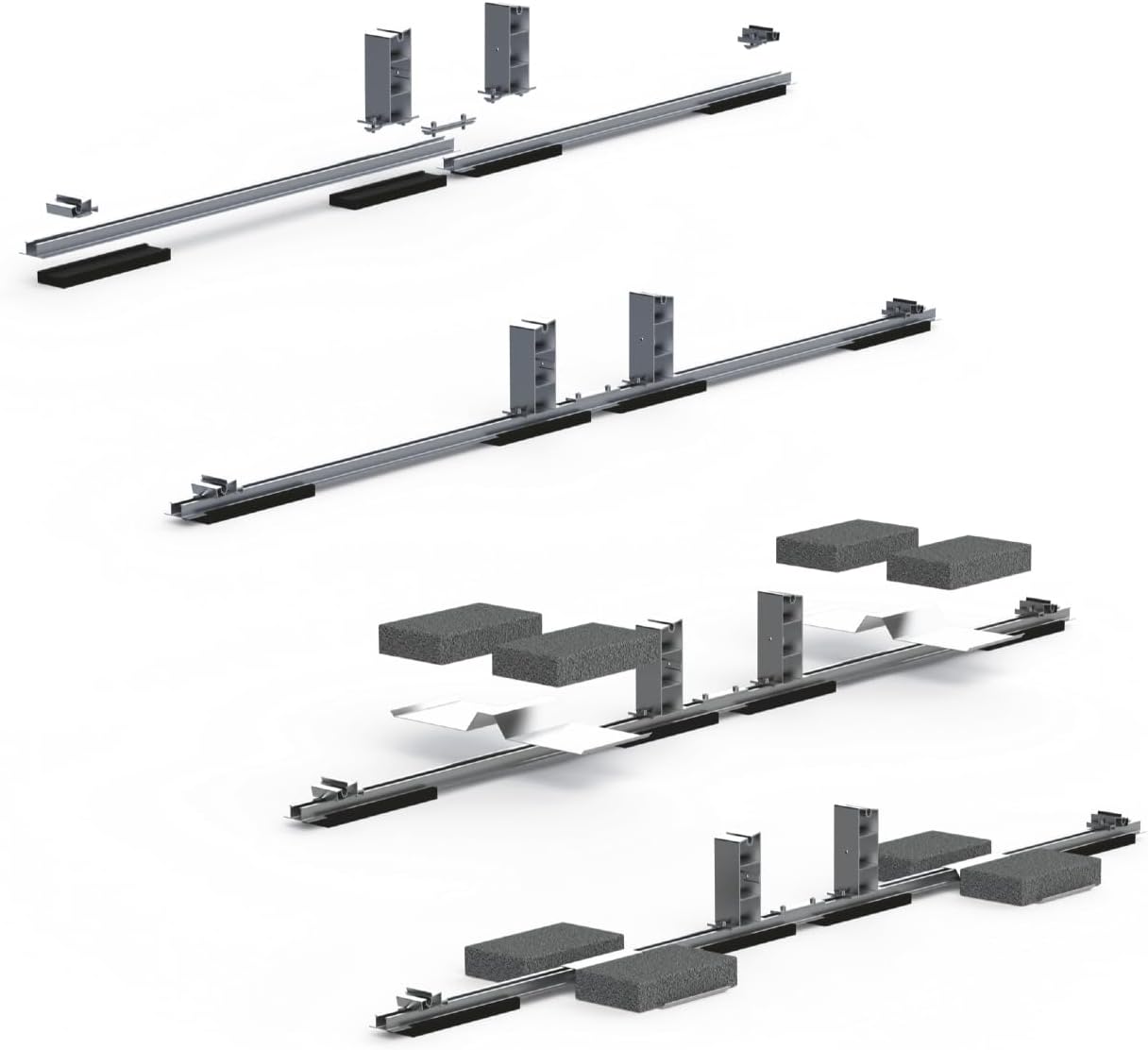 Montage-Set für Flachdach, 4 PV-Module, Ost-West und Süd-Ausrichtung, Aluminium Befestigungssystem mit Schienen und Klemmen 0% MwSt