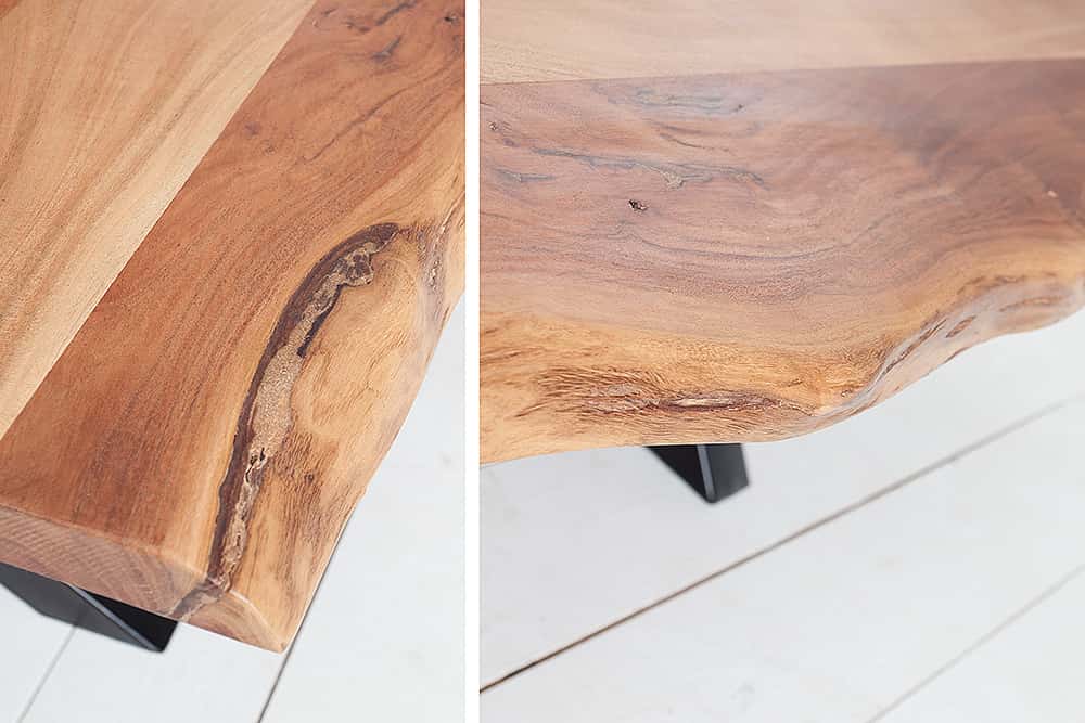Massivholz Couchtisch AMAZONAS 105cm Akazie schwarzes Metall X-Gestell Baumkante Live Edge